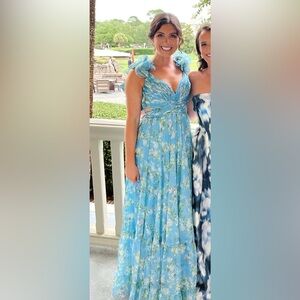 Mac Duggal Blue and Green Backless Floral Dress
